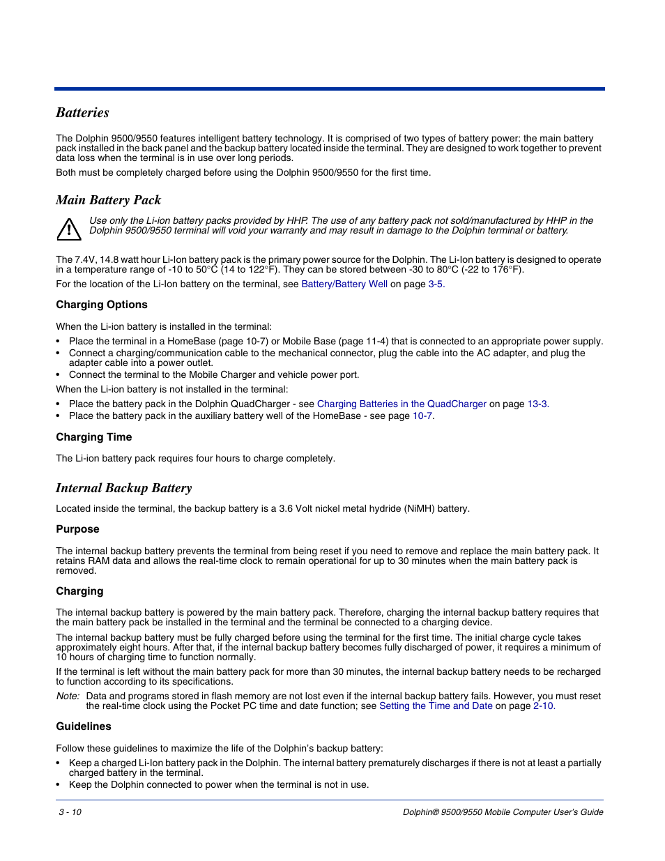 Batteries, Main battery pack, Internal backup battery | Batteries -10 | Hand Held Products 9550 User Manual | Page 38 / 248