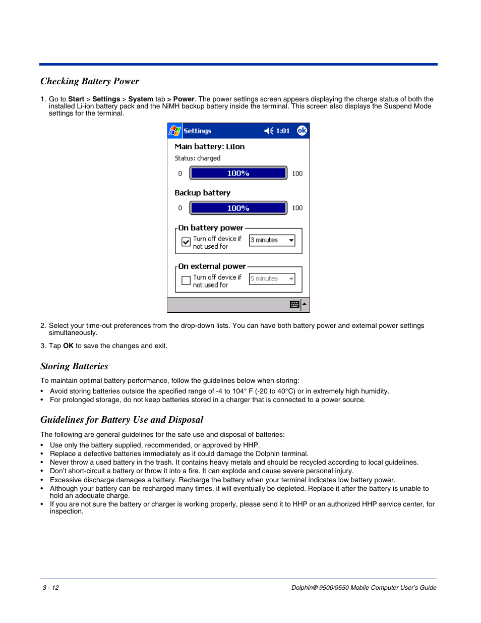 Checking battery power, Storing batteries, Guidelines for battery use and disposal | Hand Held Products 9550 User Manual | Page 40 / 248