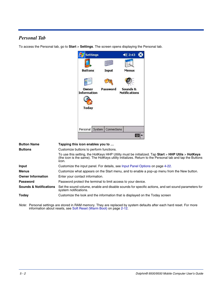 Personal tab, Personal tab -2, Sounds & notifications (see | Input methods, menus, etc. - see | Hand Held Products 9550 User Manual | Page 70 / 248