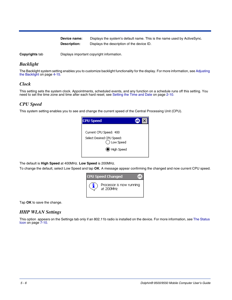 Backlight, Clock, Cpu speed | Hhp wlan settings | Hand Held Products 9550 User Manual | Page 74 / 248