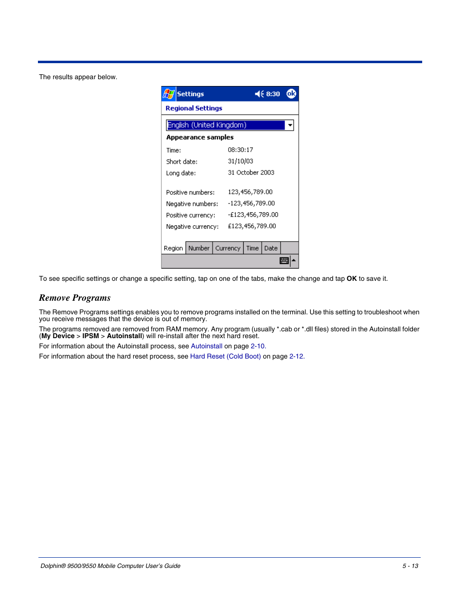 Remove programs, Remove programs -13, Em setting. for details, see | Hand Held Products 9550 User Manual | Page 81 / 248