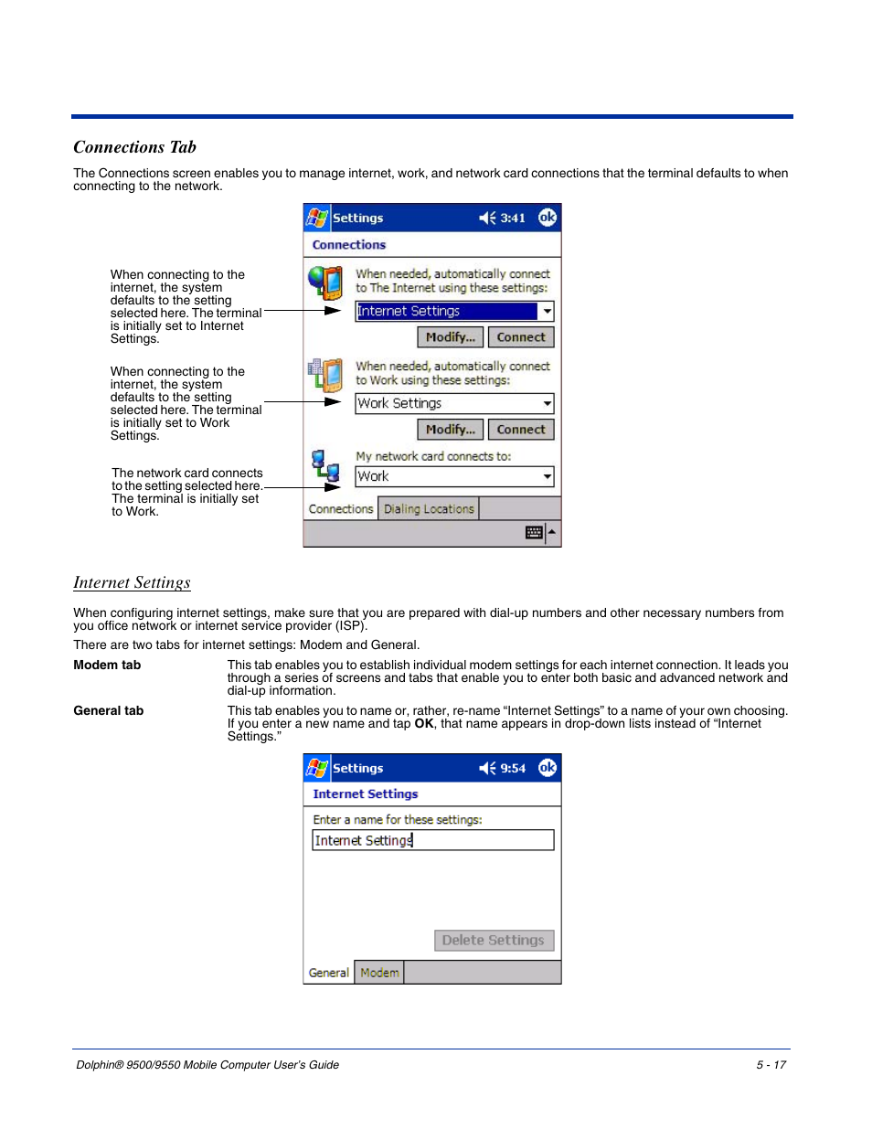 Connections tab, Connections tab -17, Internet settings | Hand Held Products 9550 User Manual | Page 85 / 248