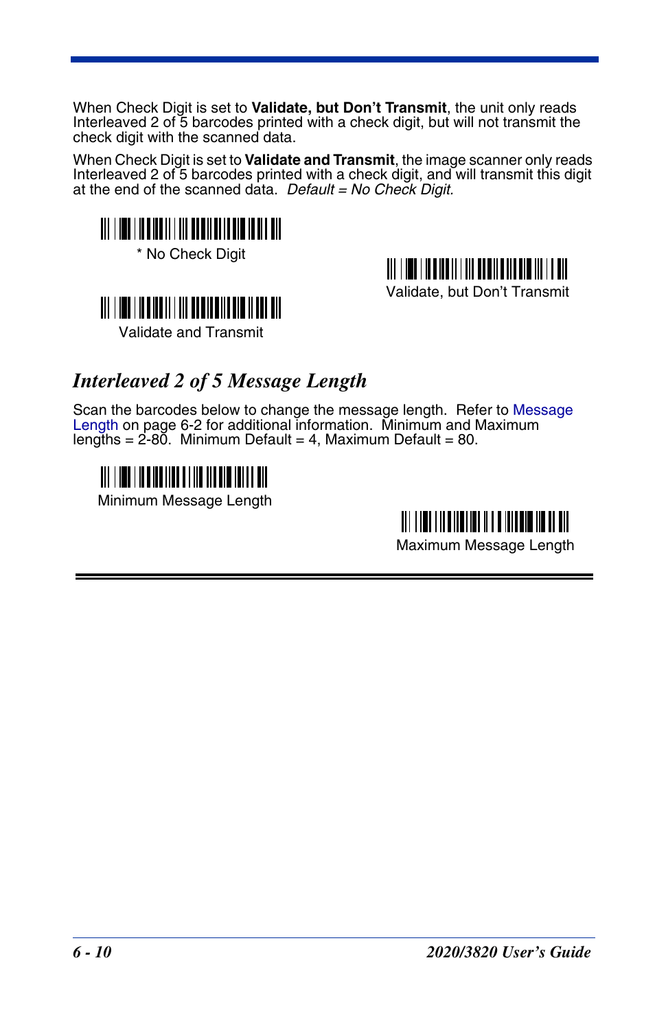 Interleaved 2 of 5 message length, Interleaved 2 of 5 message length -10 | Hand Held Products 2020 User Manual | Page 100 / 187