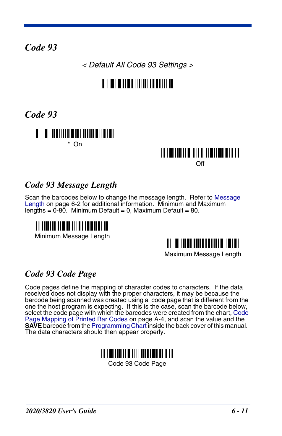 Code 93, Code 93 message length, Code 93 -11 | Code 93 code page, Default all code 93 settings | Hand Held Products 2020 User Manual | Page 101 / 187