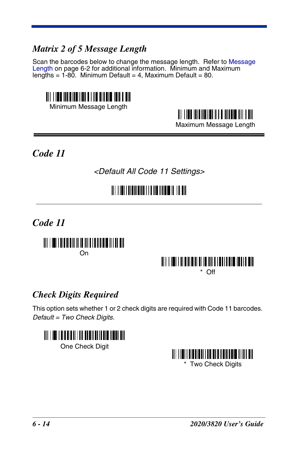 Matrix 2 of 5 message length, Code 11, Check digits required | Matrix 2 of 5 message length -14, Code 11 -14, Check digits required -14 | Hand Held Products 2020 User Manual | Page 104 / 187
