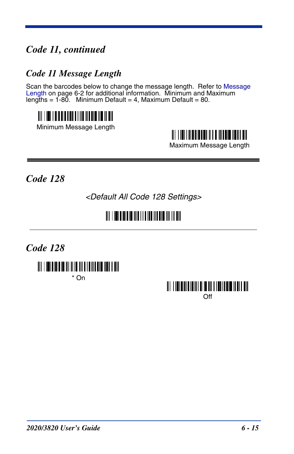 Code 11 message length, Code 128, Code 11 message length -15 | Code 128 -15, Code 11, continued | Hand Held Products 2020 User Manual | Page 105 / 187
