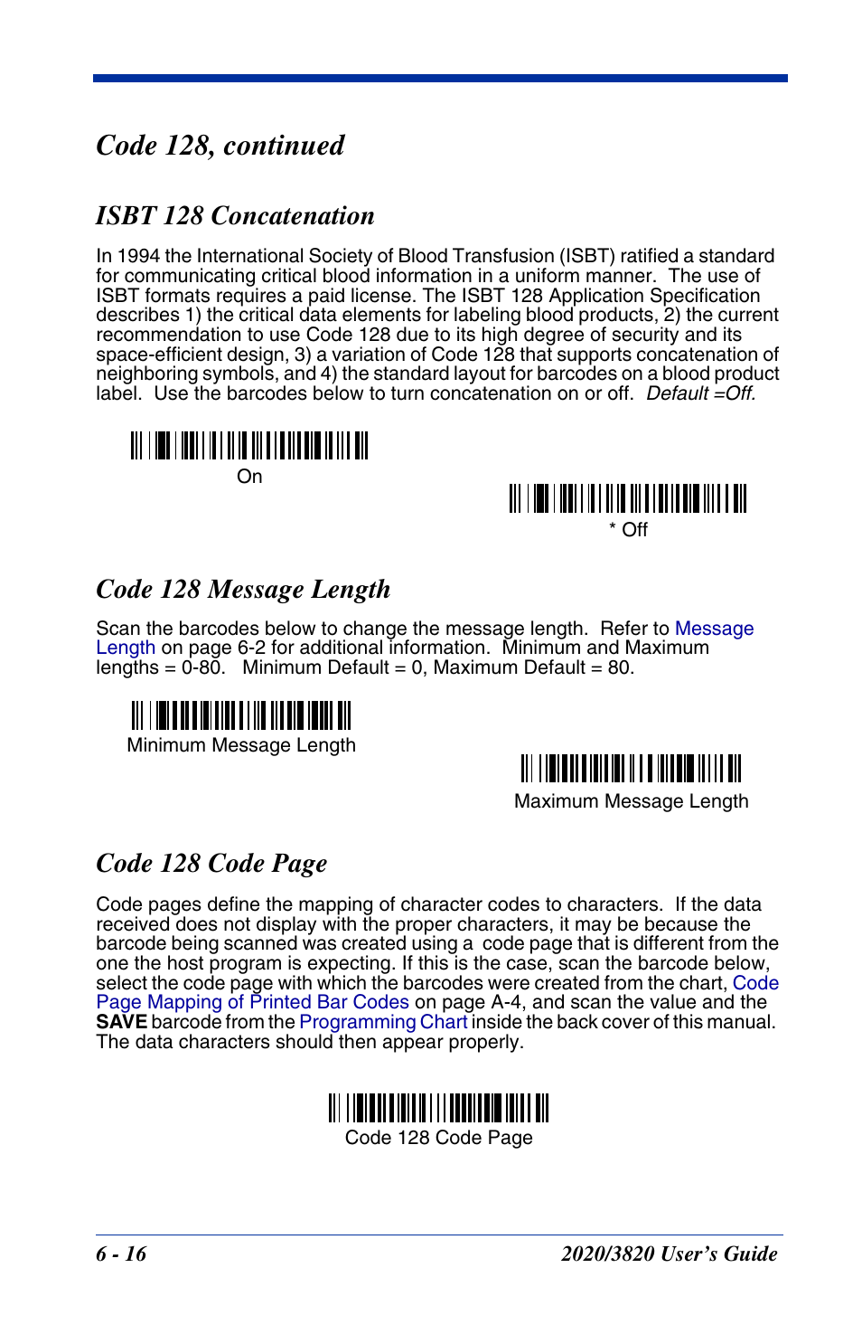 Isbt 128 concatenation, Code 128 message length, Code 128, continued | Code 128 code page | Hand Held Products 2020 User Manual | Page 106 / 187