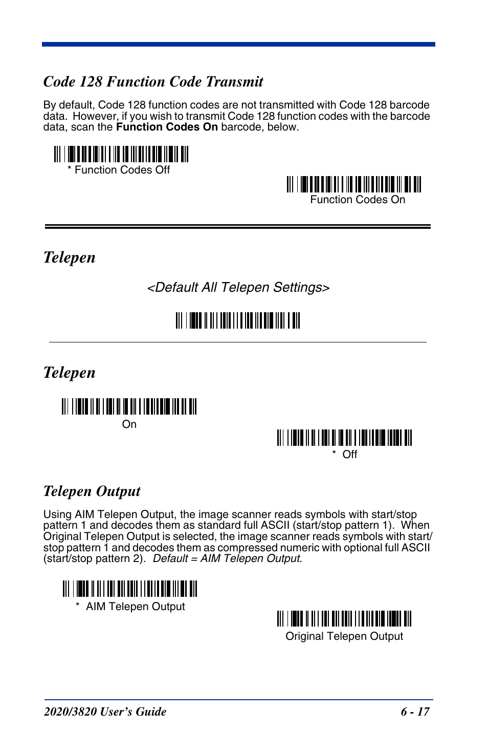 Code 128 function code transmit, Telepen, Telepen output | Code 128 function code transmit -17, Telepen -17, Telepen output -17 | Hand Held Products 2020 User Manual | Page 107 / 187