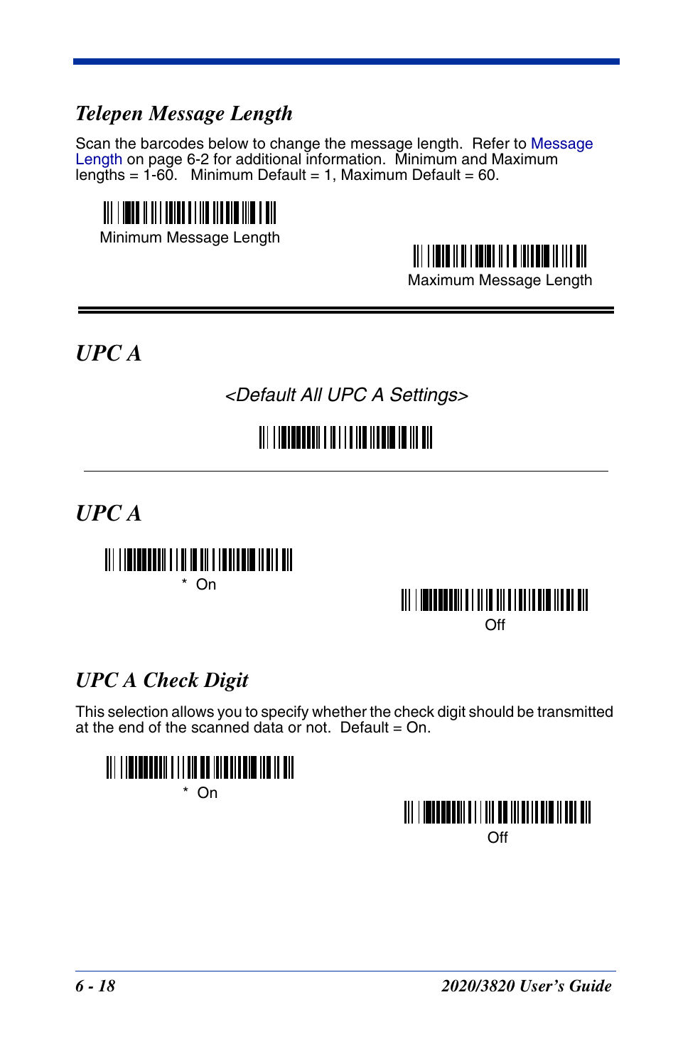 Telepen message length, Upc a, Upc a check digit | Telepen message length -18, Upc a -18, Upc a check digit -18 | Hand Held Products 2020 User Manual | Page 108 / 187