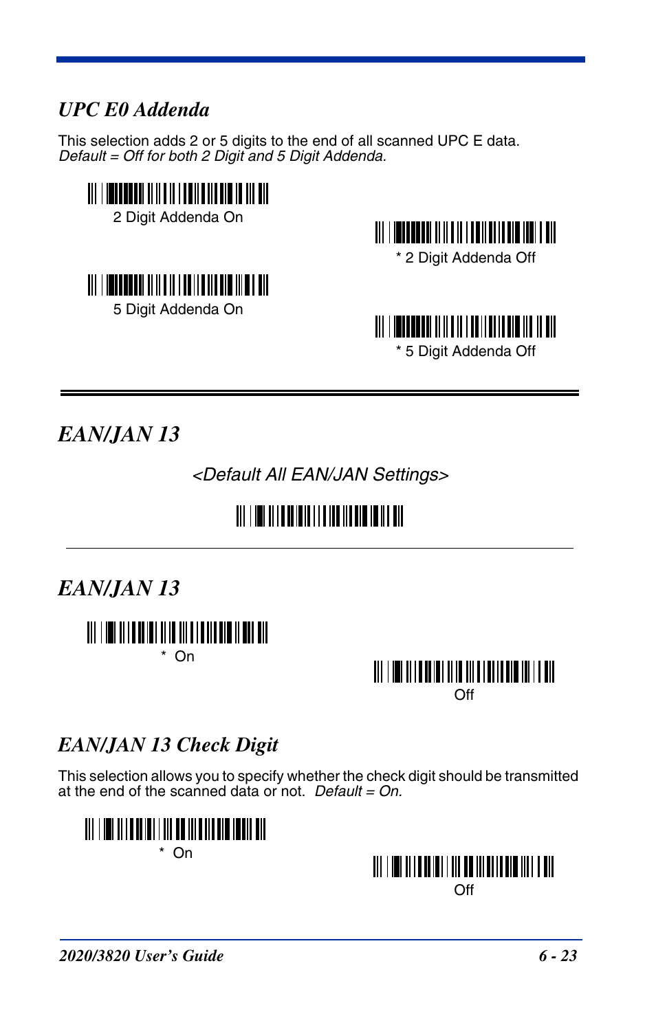 Upc e0 addenda, Ean/jan 13, Ean/jan 13 check digit | Upc e0 addenda -23, Ean/jan 13 -23, Ean/jan 13 check digit -23 | Hand Held Products 2020 User Manual | Page 113 / 187