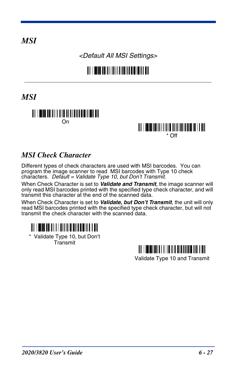 Msi check character, Msi -27, Msi check character -27 | Default all msi settings | Hand Held Products 2020 User Manual | Page 117 / 187
