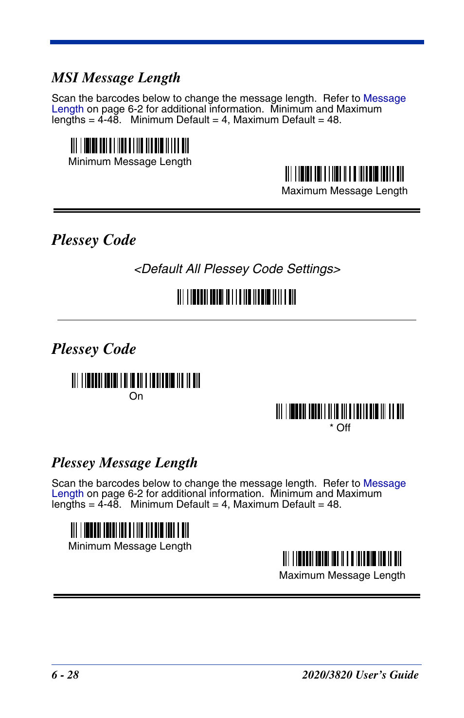 Msi message length, Plessey code, Plessey message length | Msi message length -28, Plessey code -28, Plessey message length -28, Default all plessey code settings | Hand Held Products 2020 User Manual | Page 118 / 187