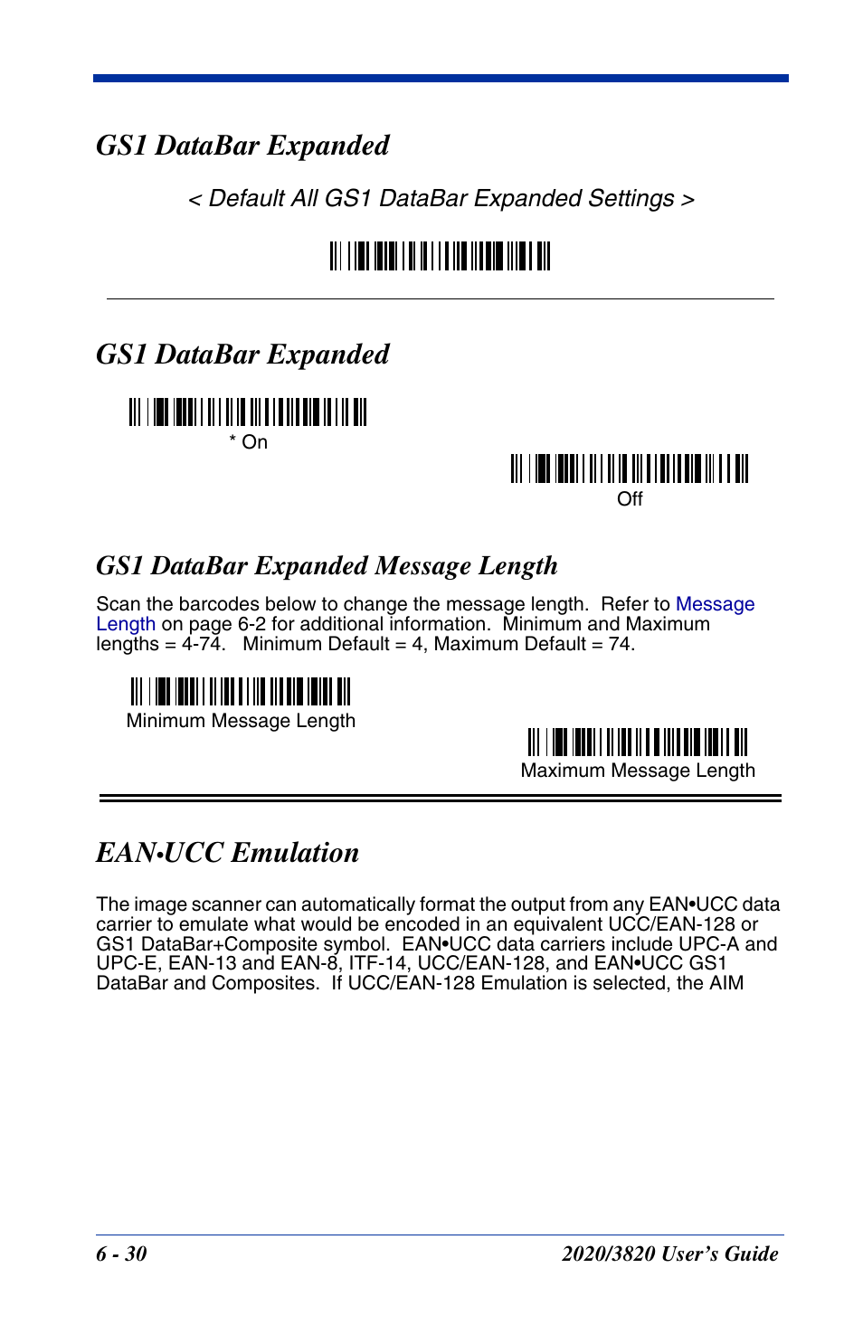 Gs1 databar expanded, Gs1 databar expanded message length, Ean.ucc emulation | Gs1 databar expanded -30, Gs1 databar expanded message length -30, Ean•ucc emulation -30, Ucc emulation | Hand Held Products 2020 User Manual | Page 120 / 187
