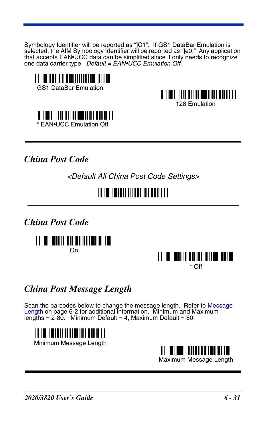 China post code, China post code -31, China post code china post message length | Default all china post code settings | Hand Held Products 2020 User Manual | Page 121 / 187