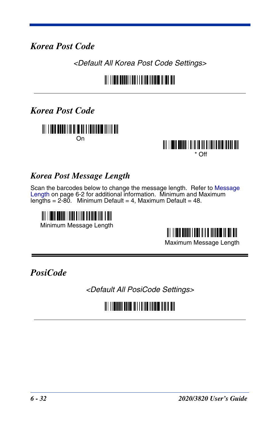 Korea post code, Korea post message length, Korea post code -32 | Korea post message length -32, Posicode | Hand Held Products 2020 User Manual | Page 122 / 187