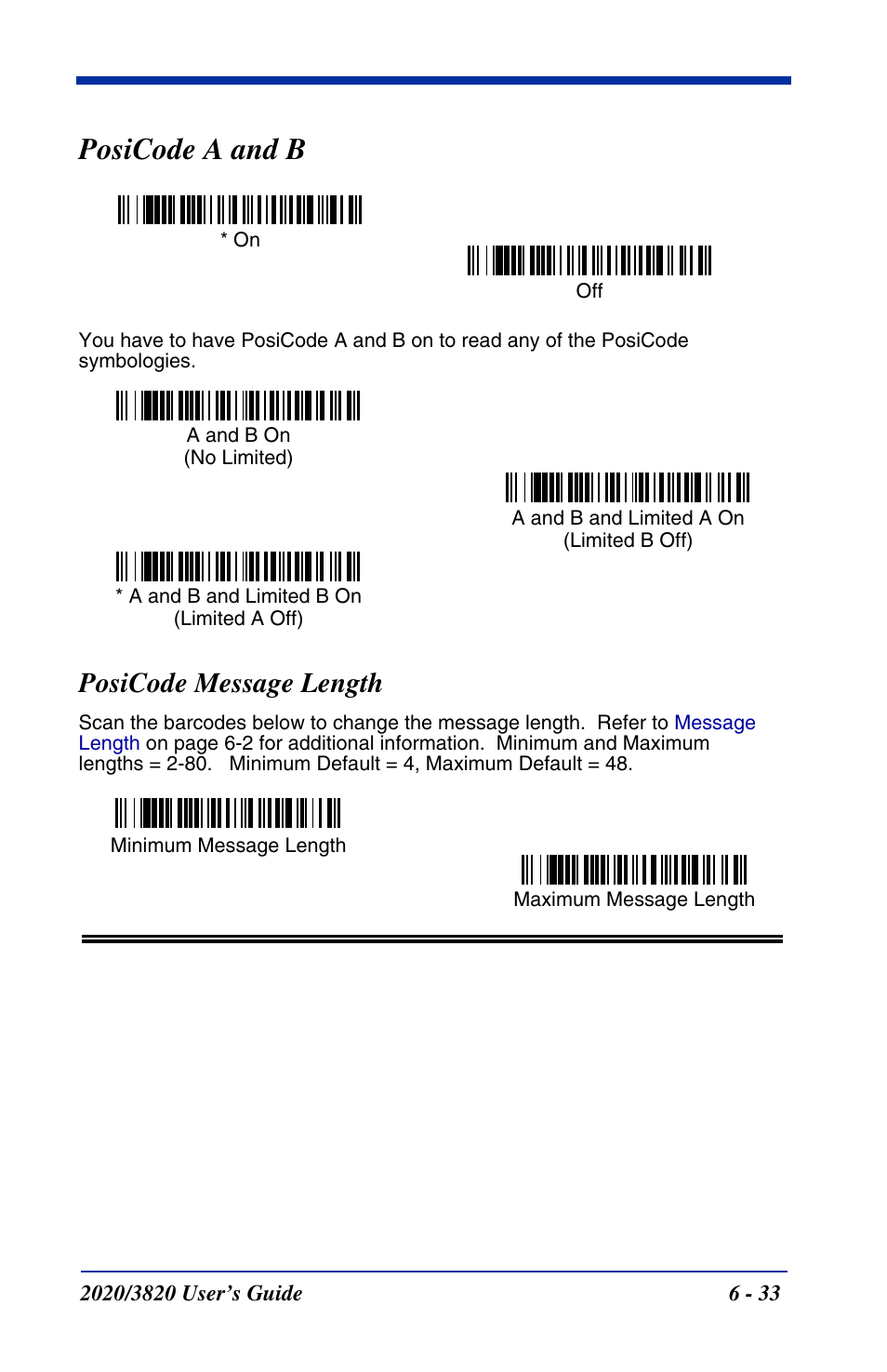 Posicode a and b, Posicode message length, Posicode a and b -33 | Posicode message length -33 | Hand Held Products 2020 User Manual | Page 123 / 187