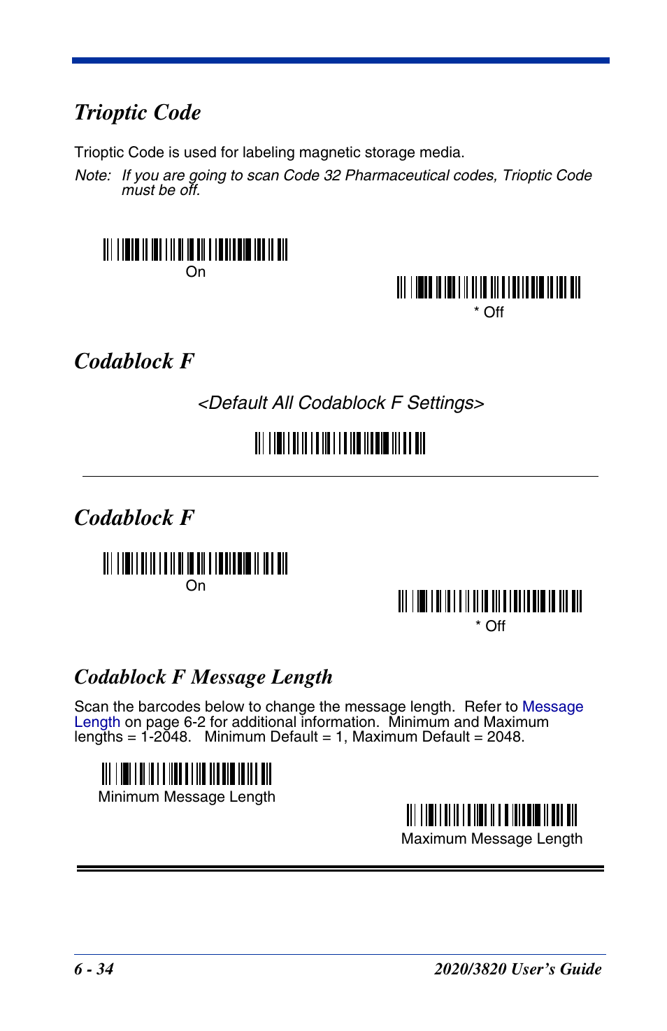 Codablock f, Codablock f message length, Codablock f -34 | Codablock f message length -34, Trioptic code | Hand Held Products 2020 User Manual | Page 124 / 187