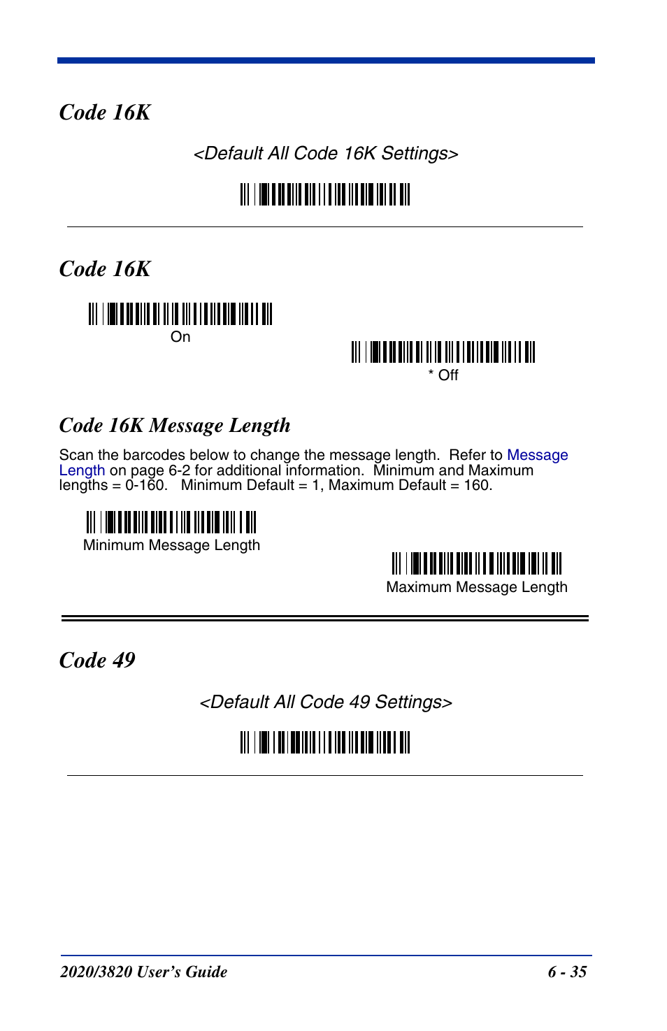 Code 16k, Code 16k message length, Code 16k -35 | Code 16k message length -35, Code 49 | Hand Held Products 2020 User Manual | Page 125 / 187