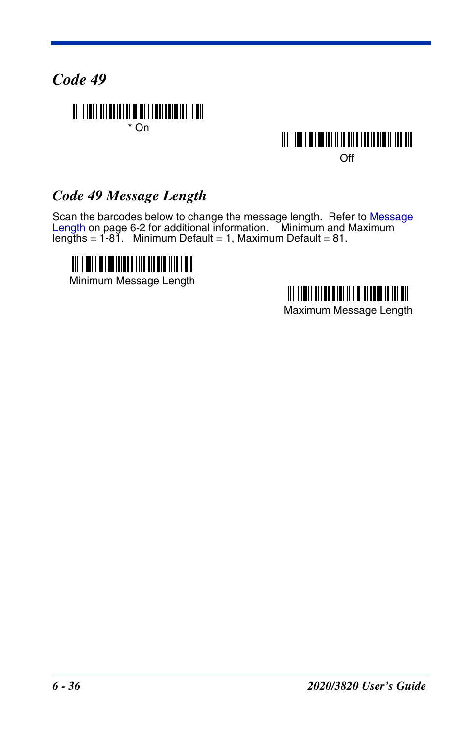 Code 49, Code 49 message length, Code 49 -36 | Code 49 message length -36 | Hand Held Products 2020 User Manual | Page 126 / 187