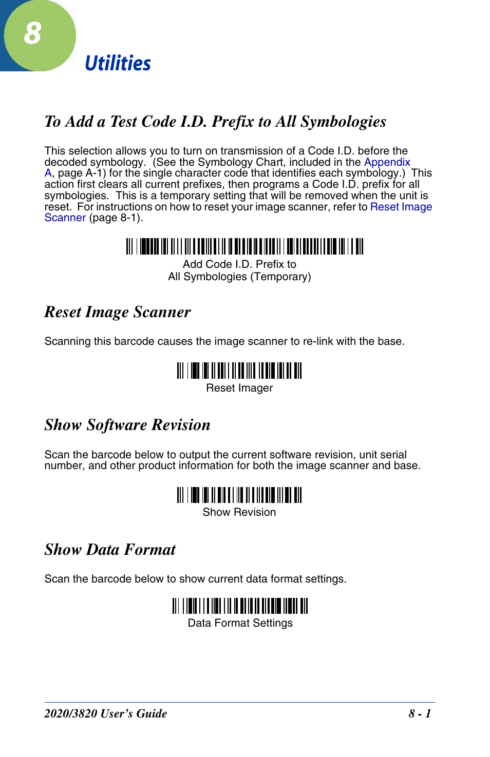 Utilities, To add a test code i.d. prefix to all symbologies, Reset image scanner | Show software revision, Show data format, Software revision, Chapter 8 - utilities | Hand Held Products 2020 User Manual | Page 133 / 187