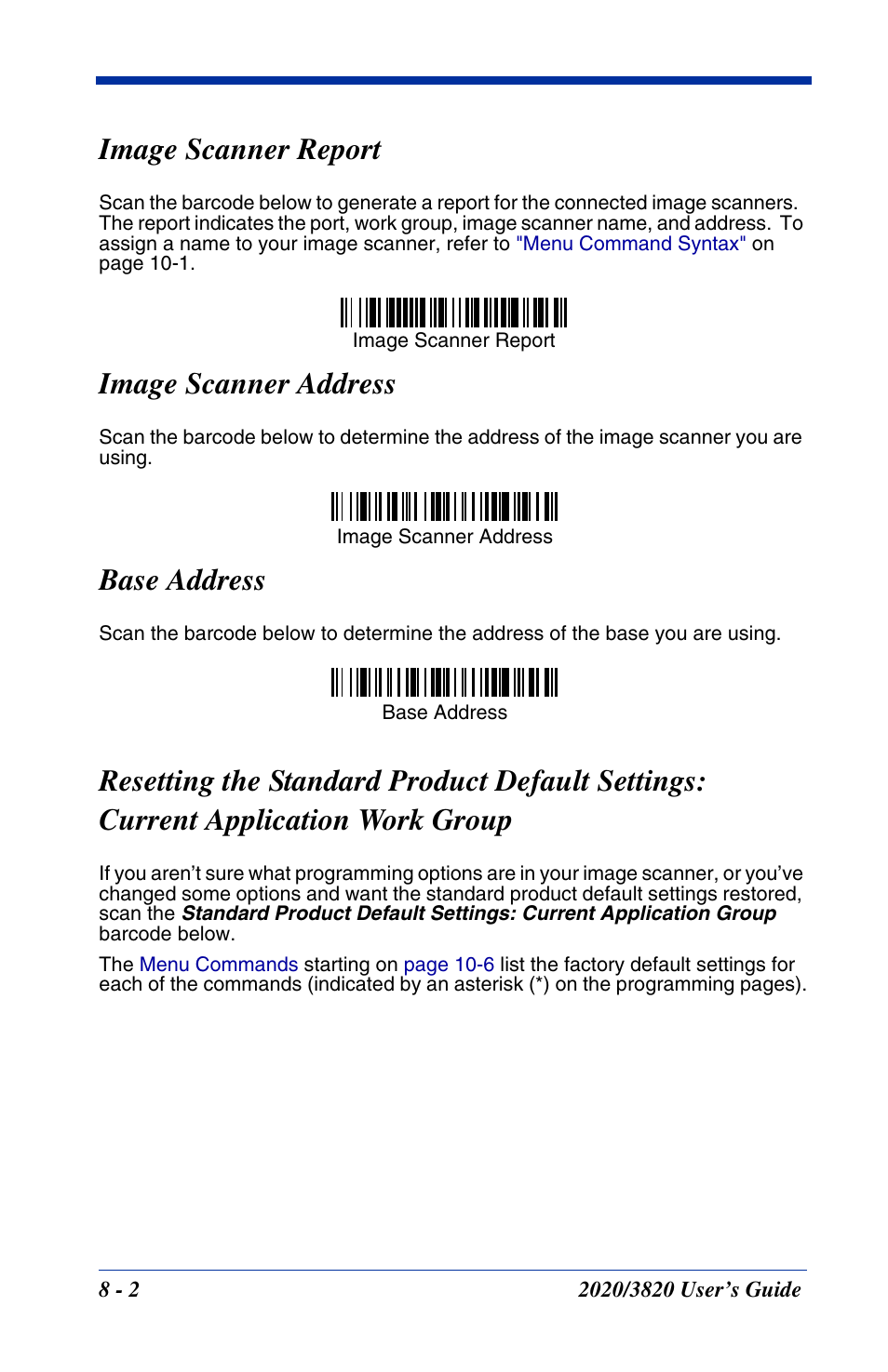 Image scanner report, Image scanner address, Base address | Current application work group -2 | Hand Held Products 2020 User Manual | Page 134 / 187