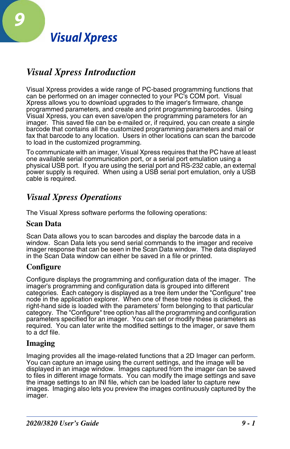 Visual xpress, Visual xpress introduction, Chapter 9 - visual xpress | Visual xpress introduction -1 | Hand Held Products 2020 User Manual | Page 137 / 187
