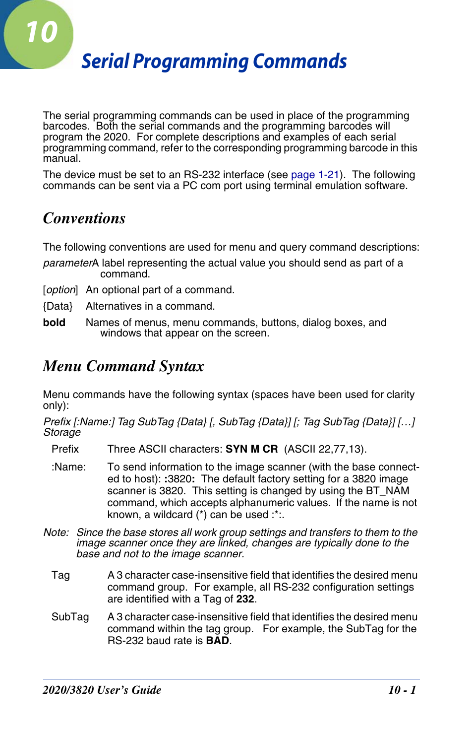 Serial programming commands, Conventions, Menu command syntax | Chapter 10 - serial programming commands, Conventions -1 menu command syntax -1, Chapter 10, For settings and defaults, Image scanner, refer to | Hand Held Products 2020 User Manual | Page 139 / 187