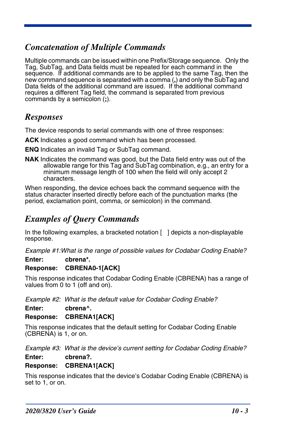 Concatenation of multiple commands, Responses, Examples of query commands | Hand Held Products 2020 User Manual | Page 141 / 187