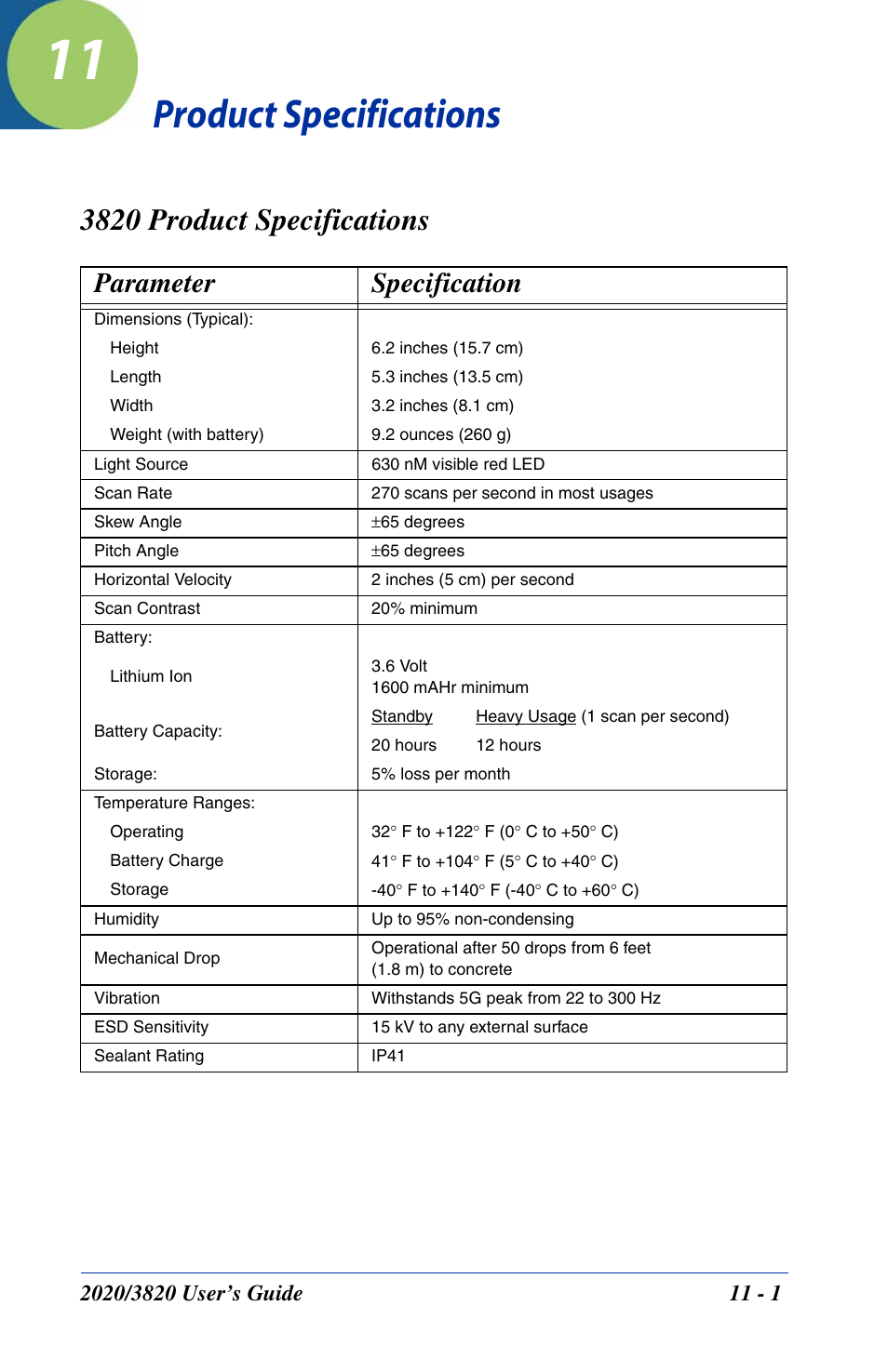 Product specifications, 3820 product specifications, Chapter 11 - product specifications | 3820 product specifications -1, Parameter specification | Hand Held Products 2020 User Manual | Page 159 / 187