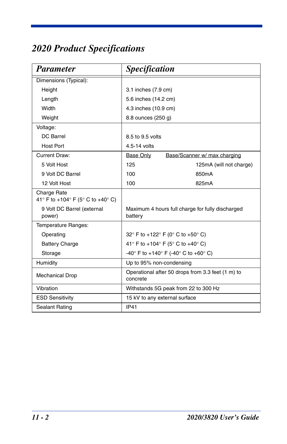 2020 product specifications, 2020 product specifications -2, Parameter specification | Hand Held Products 2020 User Manual | Page 160 / 187