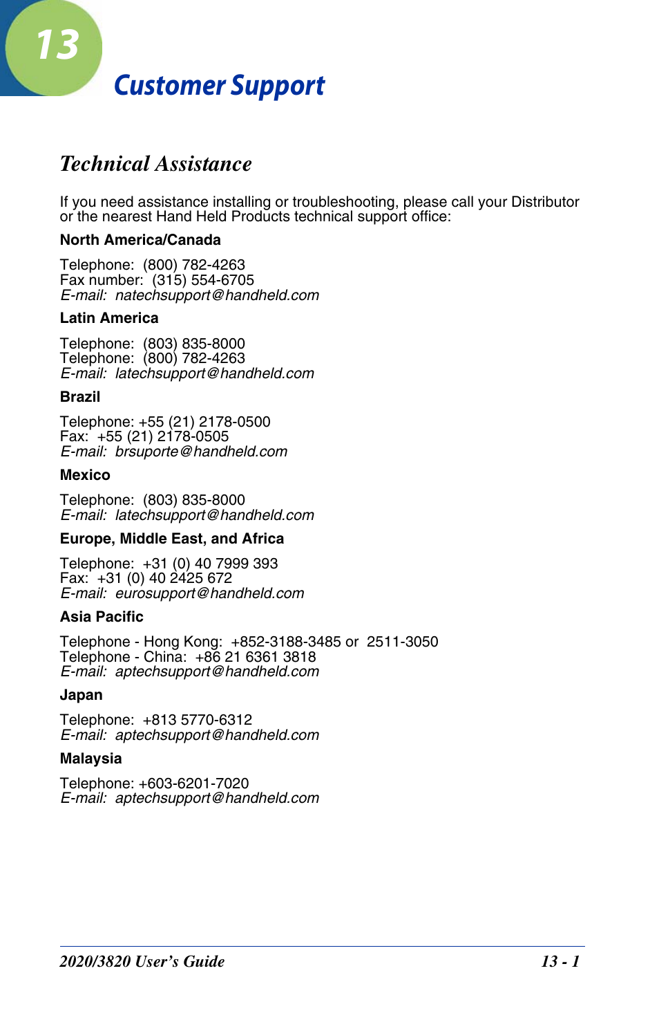 Customer support, Technical assistance, Chapter 13 - customer support | Technical assistance -1, An authorized service center | Hand Held Products 2020 User Manual | Page 171 / 187