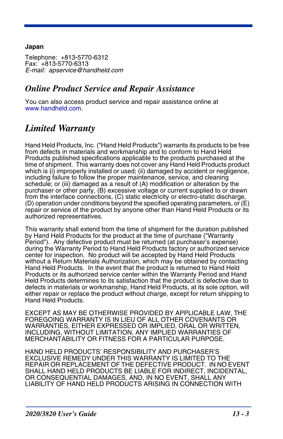 Online product service and repair assistance, Limited warranty, Online product service and repair assistance -3 | Limited warranty -3 | Hand Held Products 2020 User Manual | Page 173 / 187