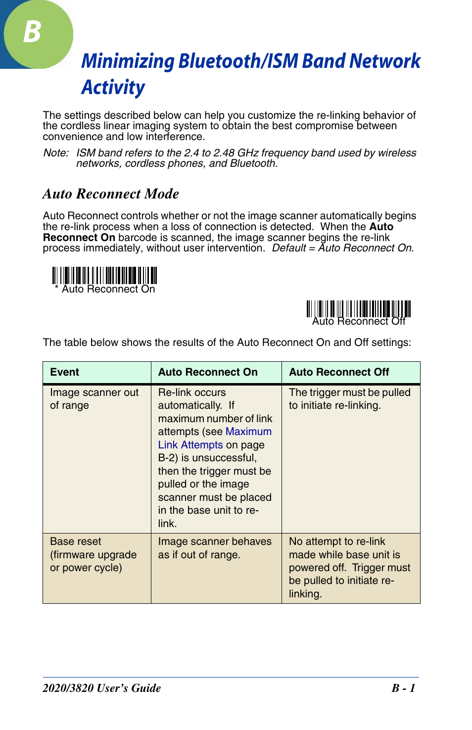 Minimizing bluetooth/ism band network activity, Auto reconnect mode, Auto reconnect | Beginning on | Hand Held Products 2020 User Manual | Page 179 / 187