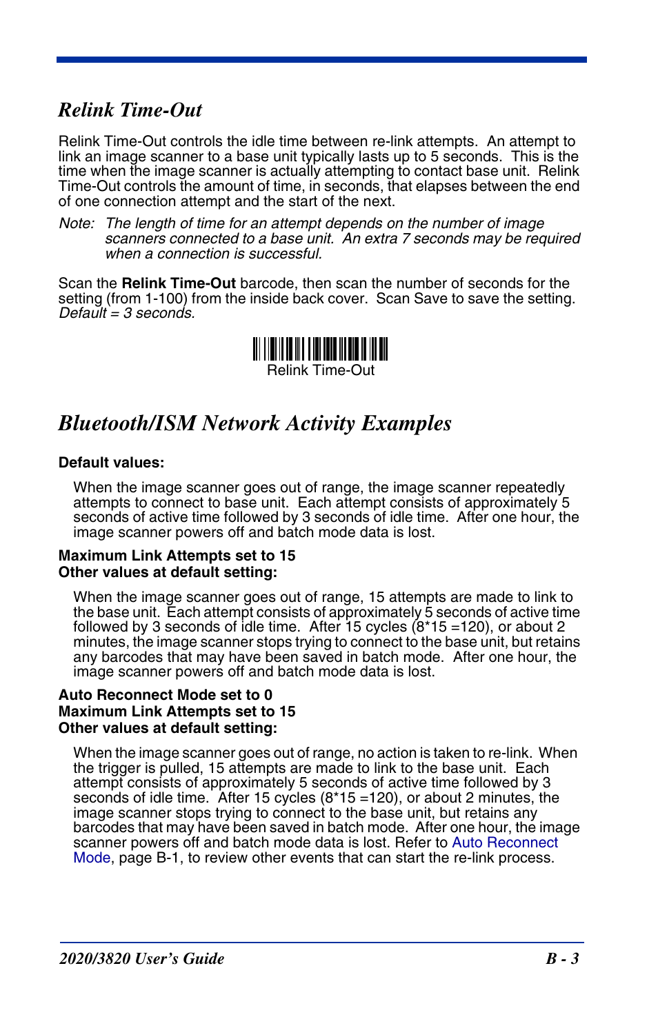 Relink time-out, Bluetooth/ism network activity examples | Hand Held Products 2020 User Manual | Page 181 / 187