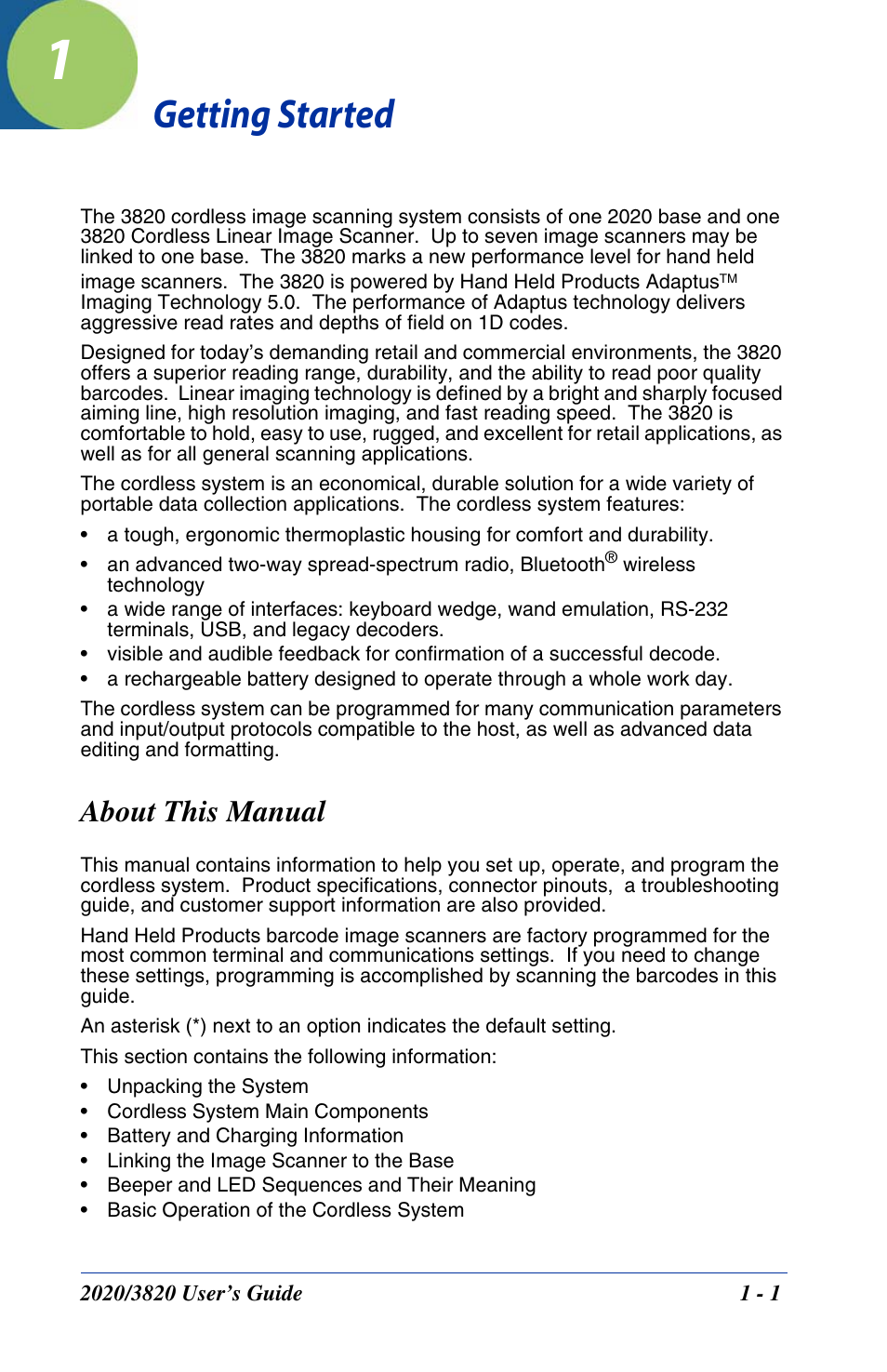 Getting started, About this manual, Chapter 1 - getting started | About this manual -1 | Hand Held Products 2020 User Manual | Page 19 / 187