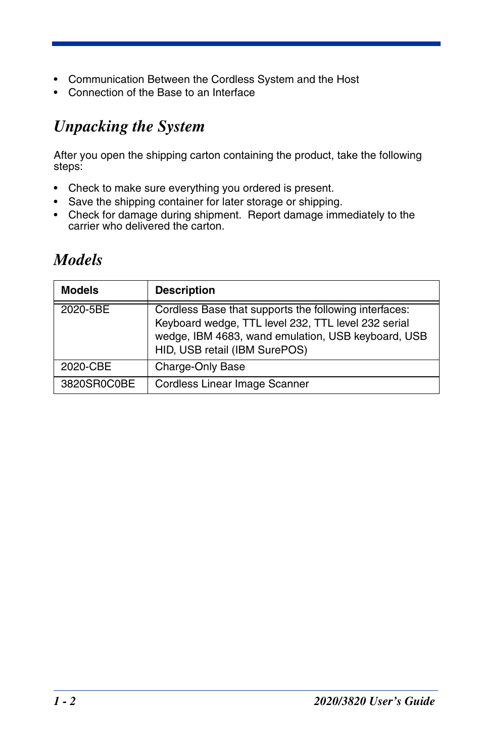 Unpacking the system, Models, Unpacking the system -2 models -2 | Hand Held Products 2020 User Manual | Page 20 / 187