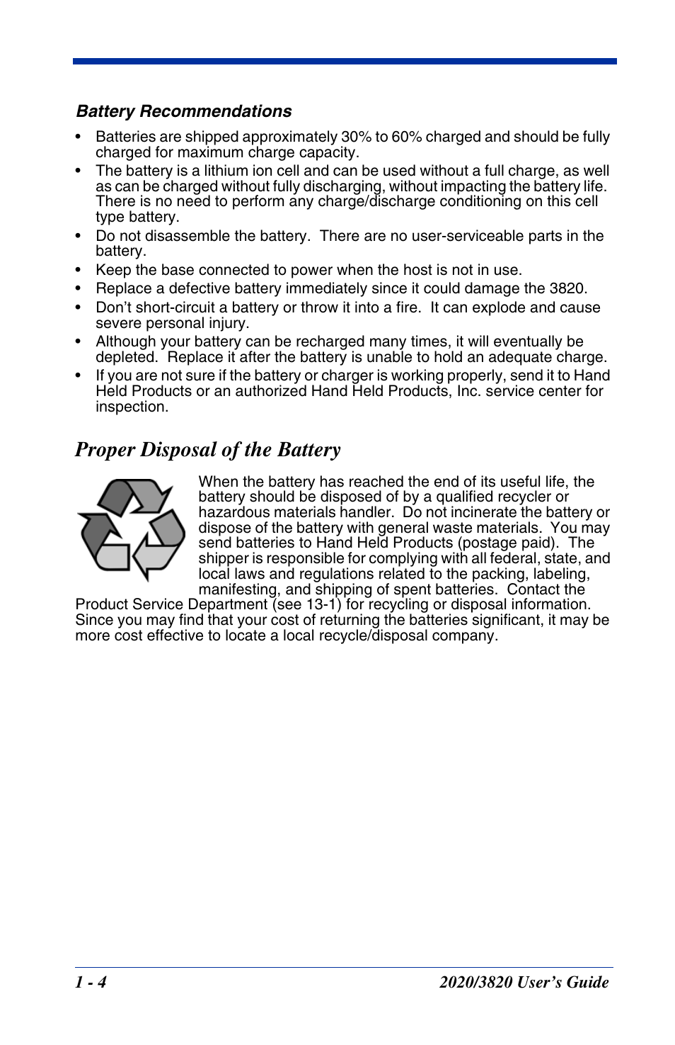 Proper disposal of the battery, Proper disposal of the battery -4 | Hand Held Products 2020 User Manual | Page 22 / 187