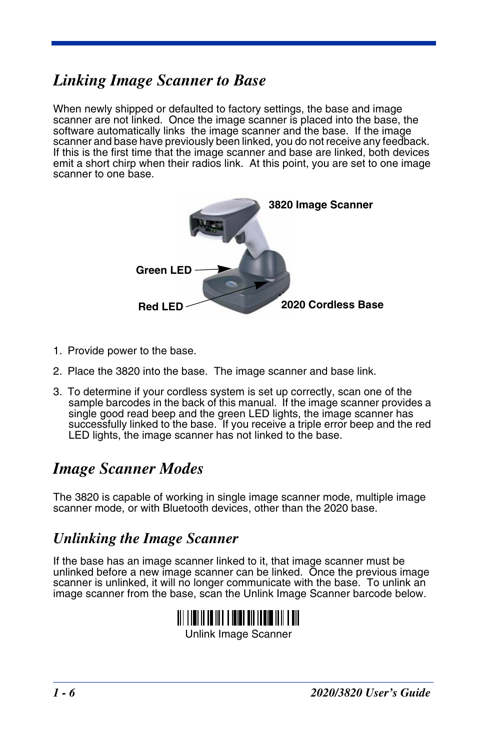 Linking image scanner to base, Image scanner modes, Unlinking the image scanner | Linking/unlinking, Unlinking the image scanner -6 | Hand Held Products 2020 User Manual | Page 24 / 187