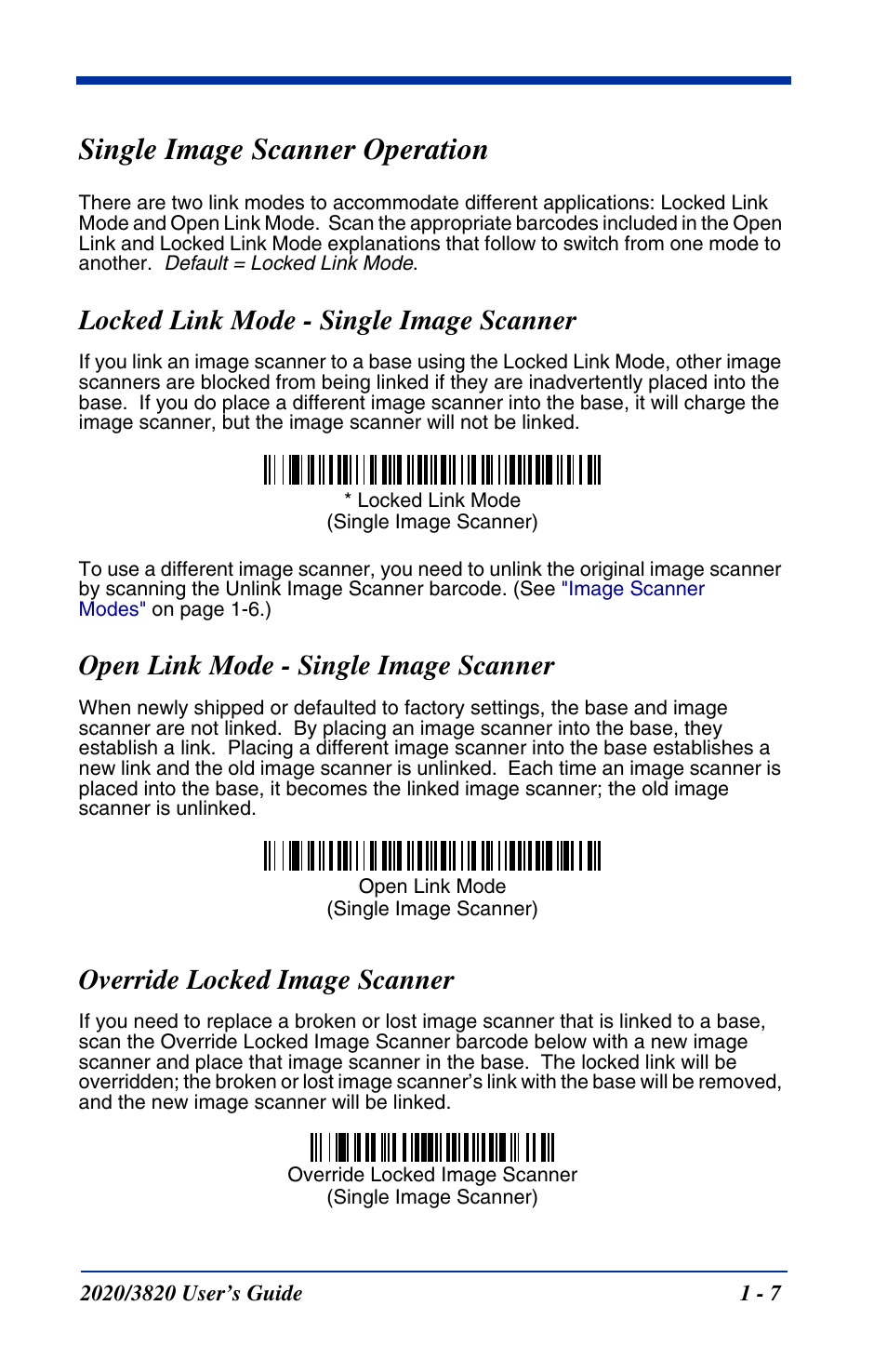 Single image scanner operation, Locked link mode - single image scanner, Open link mode - single image scanner | Override locked image scanner, Single image scanner operation -7 | Hand Held Products 2020 User Manual | Page 25 / 187