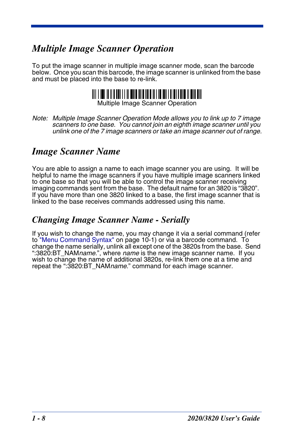 Multiple image scanner operation, Image scanner name, Changing image scanner name - serially | Multiple scanners, Changing image scanner name - serially -8 | Hand Held Products 2020 User Manual | Page 26 / 187