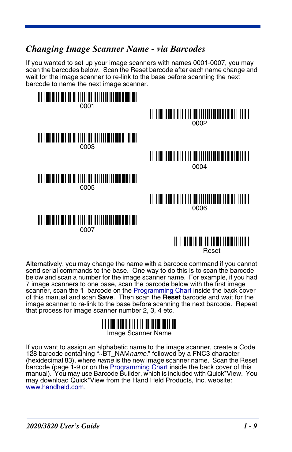 Changing image scanner name - via barcodes, Changing image scanner name - via barcodes -9 | Hand Held Products 2020 User Manual | Page 27 / 187