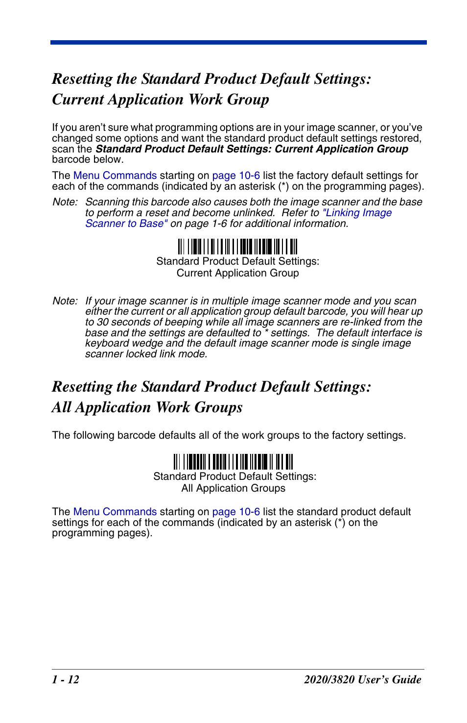 Resetting the standard product default settings, Current application work group -12, All application work groups -12 | Hand Held Products 2020 User Manual | Page 30 / 187