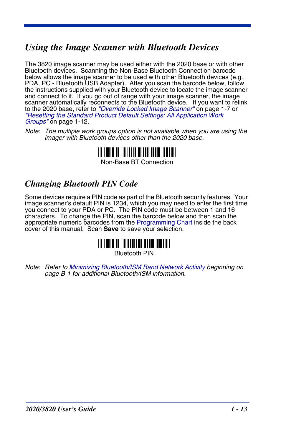 Using the image scanner with bluetooth devices, Changing bluetooth pin code, Using the image scanner with bluetooth devices -13 | Changing bluetooth pin code -13 | Hand Held Products 2020 User Manual | Page 31 / 187