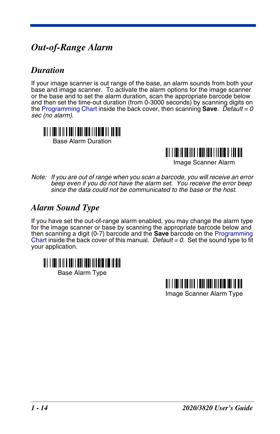 Out-of-range alarm, Duration, Alarm sound type | Out of range alarm, Out-of-range alarm -14, Duration -14 alarm sound type -14 | Hand Held Products 2020 User Manual | Page 32 / 187