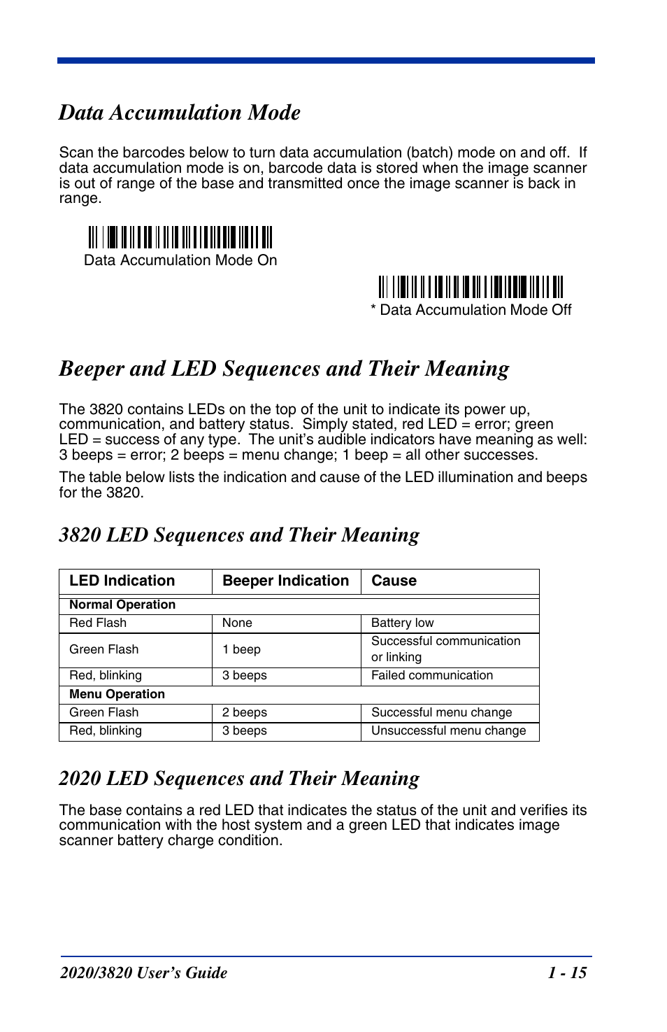 Data accumulation mode, Beeper and led sequences and their meaning, 3820 led sequences and their meaning | 2020 led sequences and their meaning, Data accumulation on, Cordless base unit. refer to | Hand Held Products 2020 User Manual | Page 33 / 187