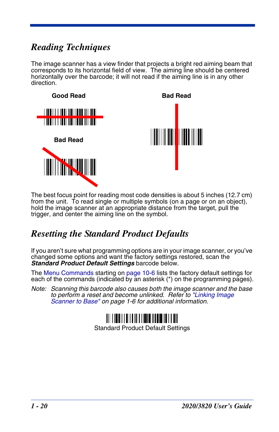Reading techniques, Resetting the standard product defaults, Resetting to standard default | Hand Held Products 2020 User Manual | Page 38 / 187