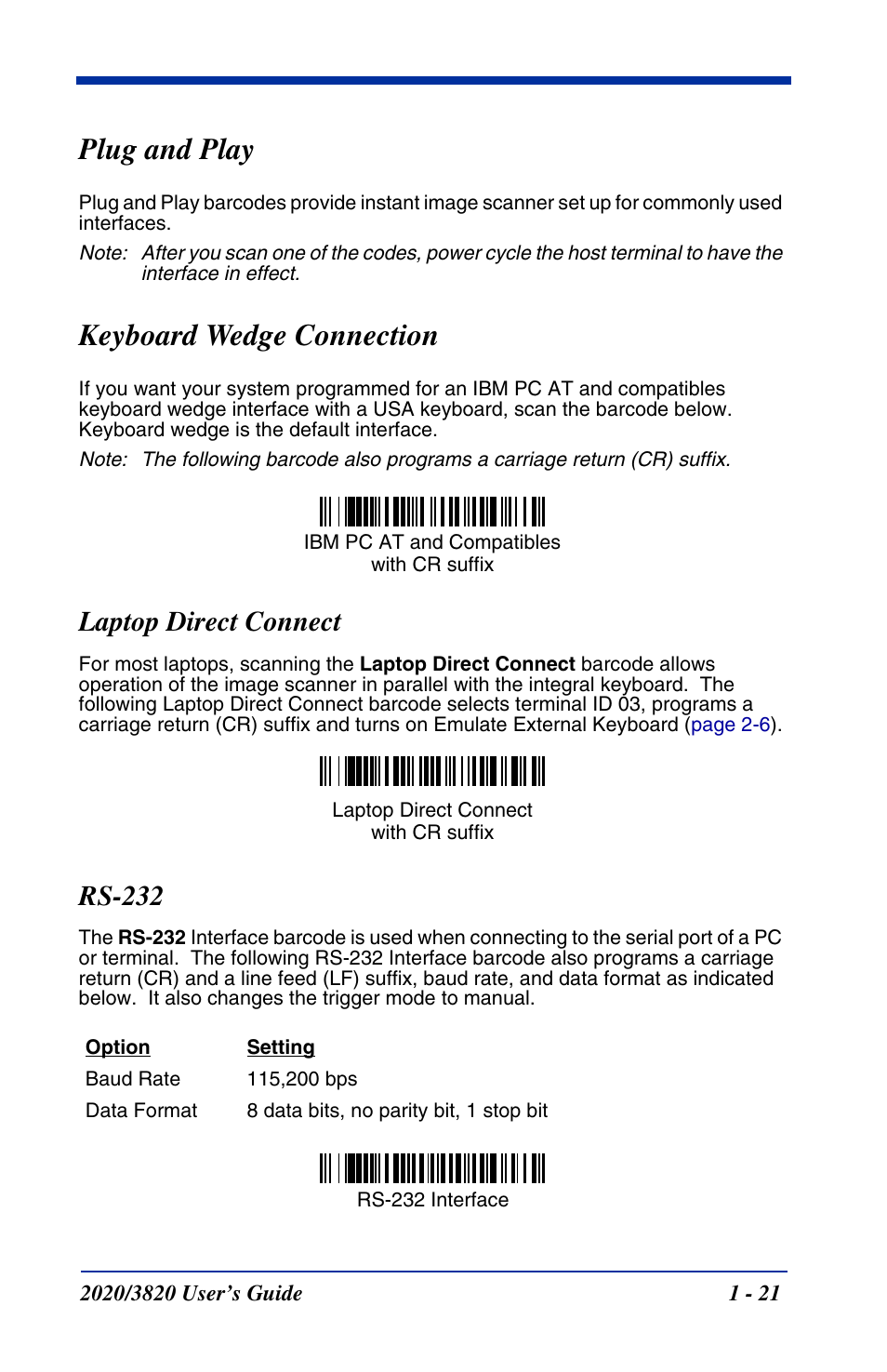 Plug and play, Keyboard wedge connection, Laptop direct connect | Rs-232, Plug and play -21 keyboard wedge connection -21, Laptop direct connect -21 rs-232 -21, Keyboard wedge, Connection | Hand Held Products 2020 User Manual | Page 39 / 187