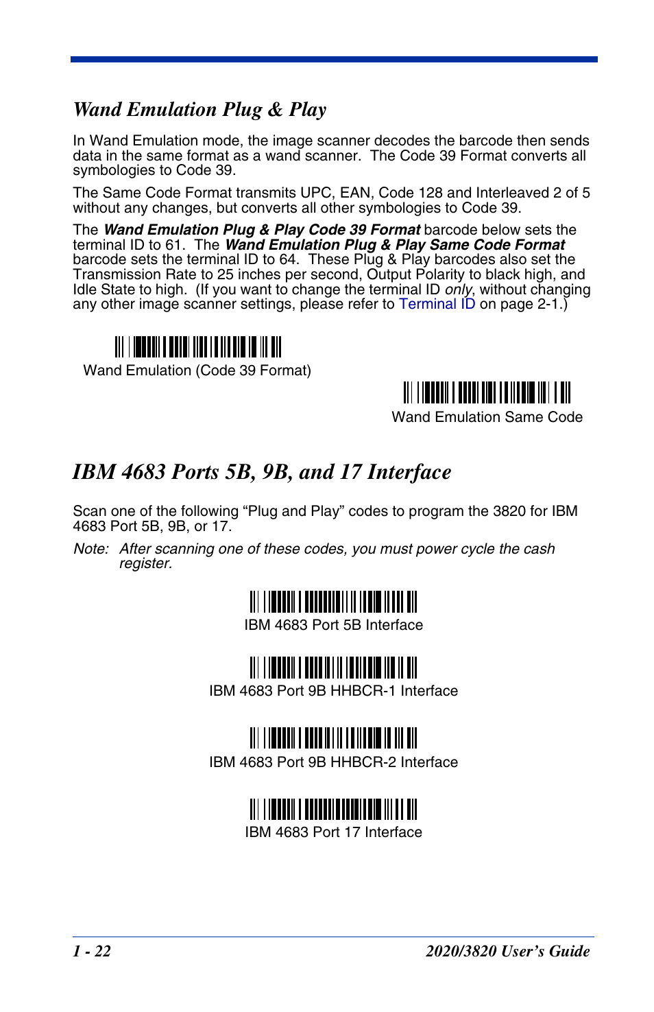 Wand emulation plug & play, Ibm 4683 ports 5b, 9b, and 17 interface, Wand emulation plug & play -22 | Ibm 4683 ports 5b, 9b, and 17 interface -22 | Hand Held Products 2020 User Manual | Page 40 / 187