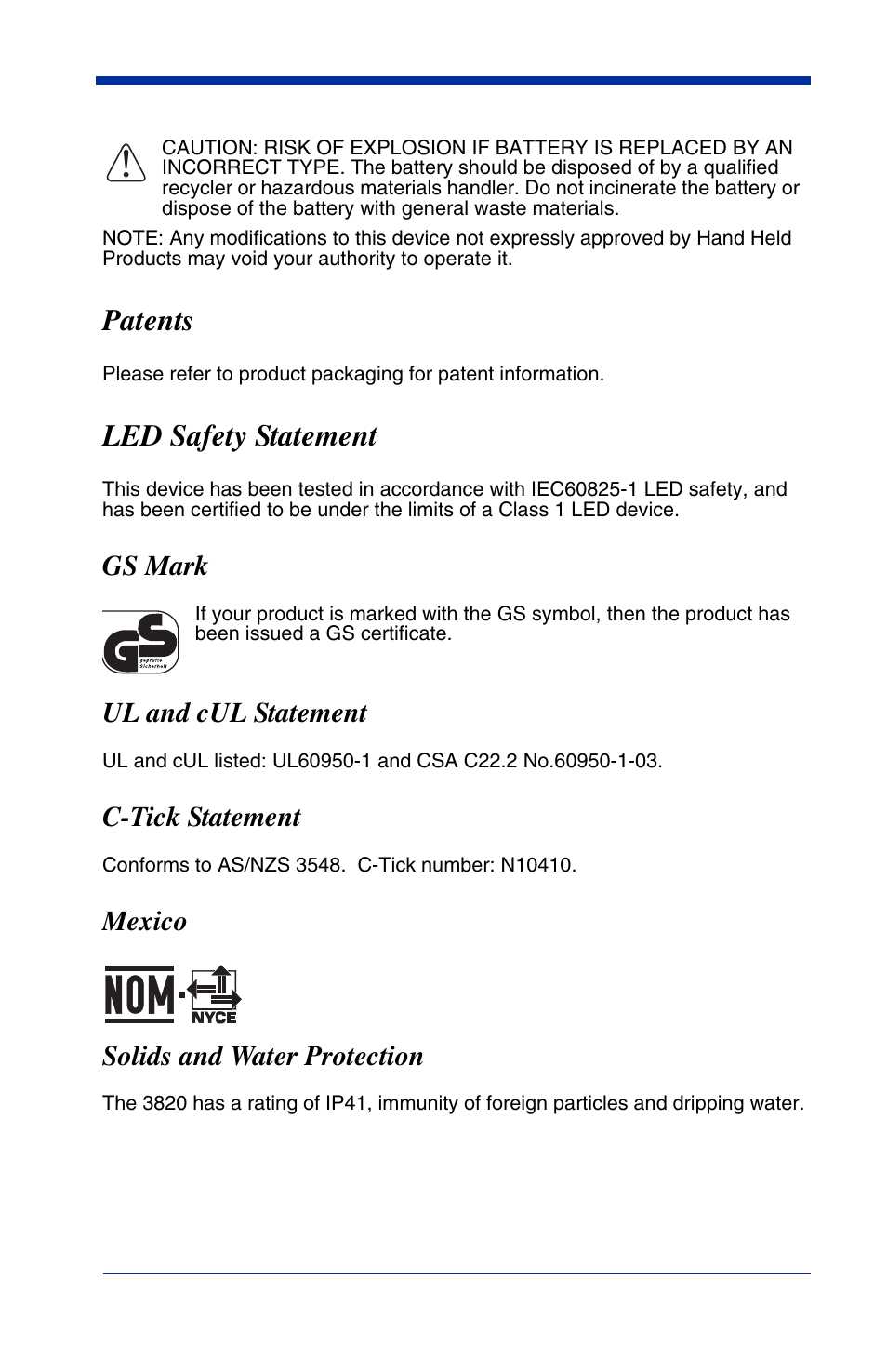 Patents, Led safety statement, Gs mark | Ul and cul statement, C-tick statement, Mexico solids and water protection | Hand Held Products 2020 User Manual | Page 6 / 187