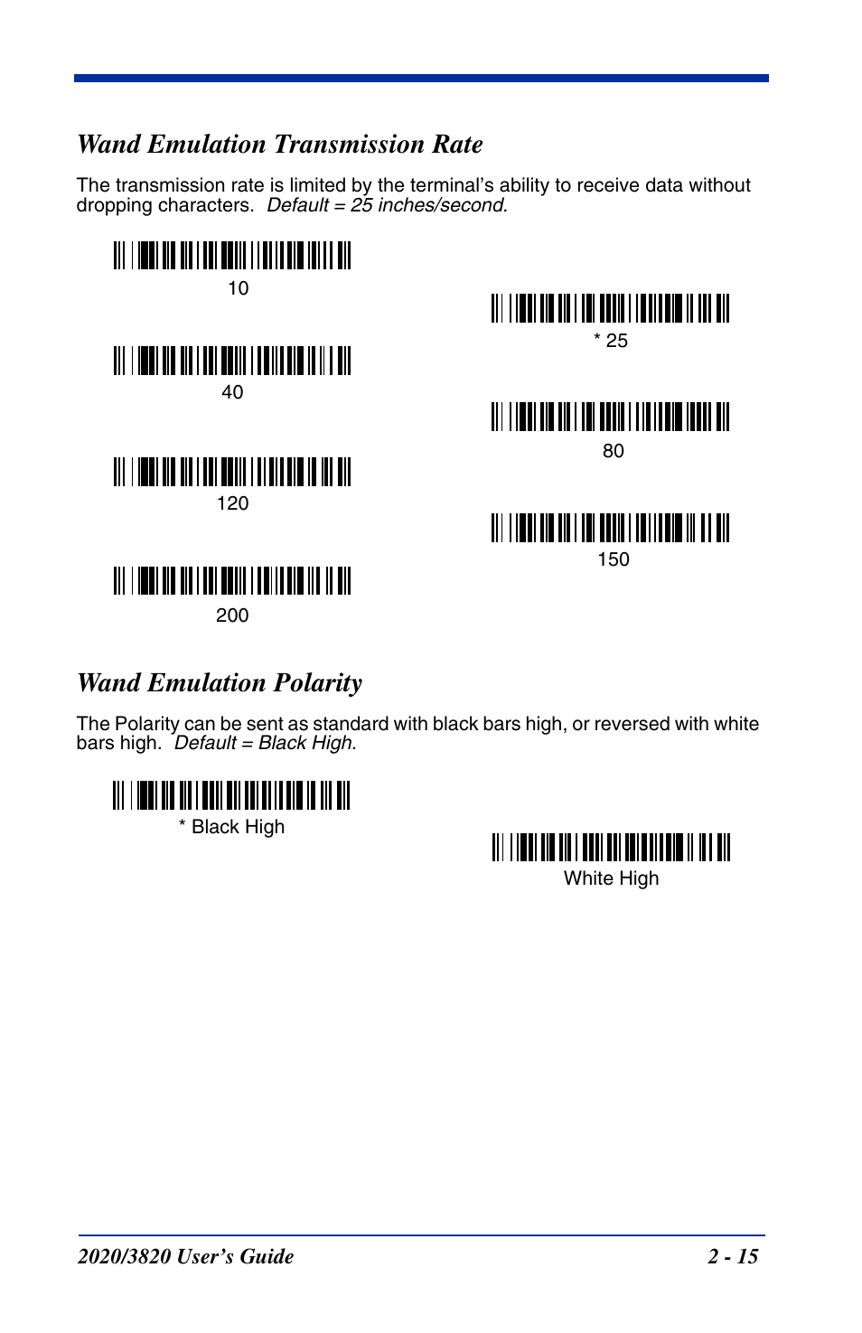 Wand emulation transmission rate, Wand emulation polarity | Hand Held Products 2020 User Manual | Page 61 / 187